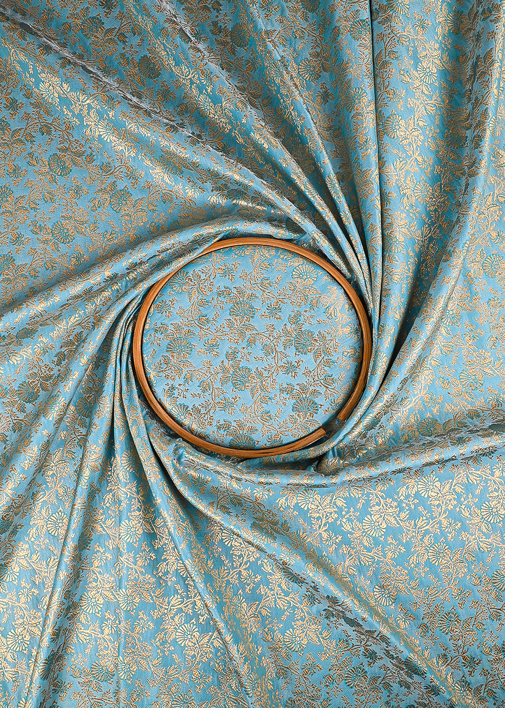 Sky Blue Banarasi Brocade Fabric With All Over Thered And  Golden Zari Handloom 23485