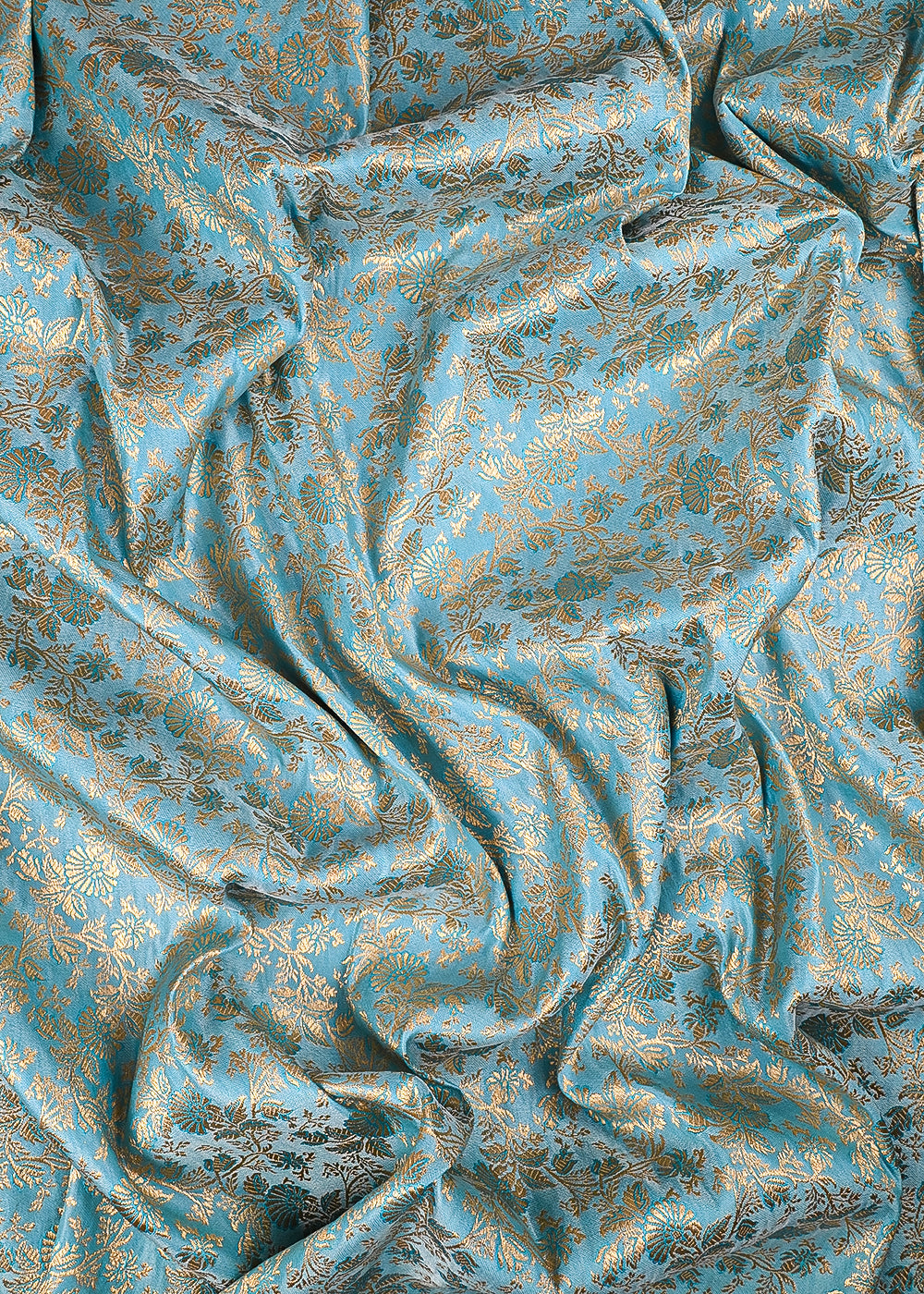 Sky Blue Banarasi Brocade Fabric With All Over Thered And  Golden Zari Handloom 23485