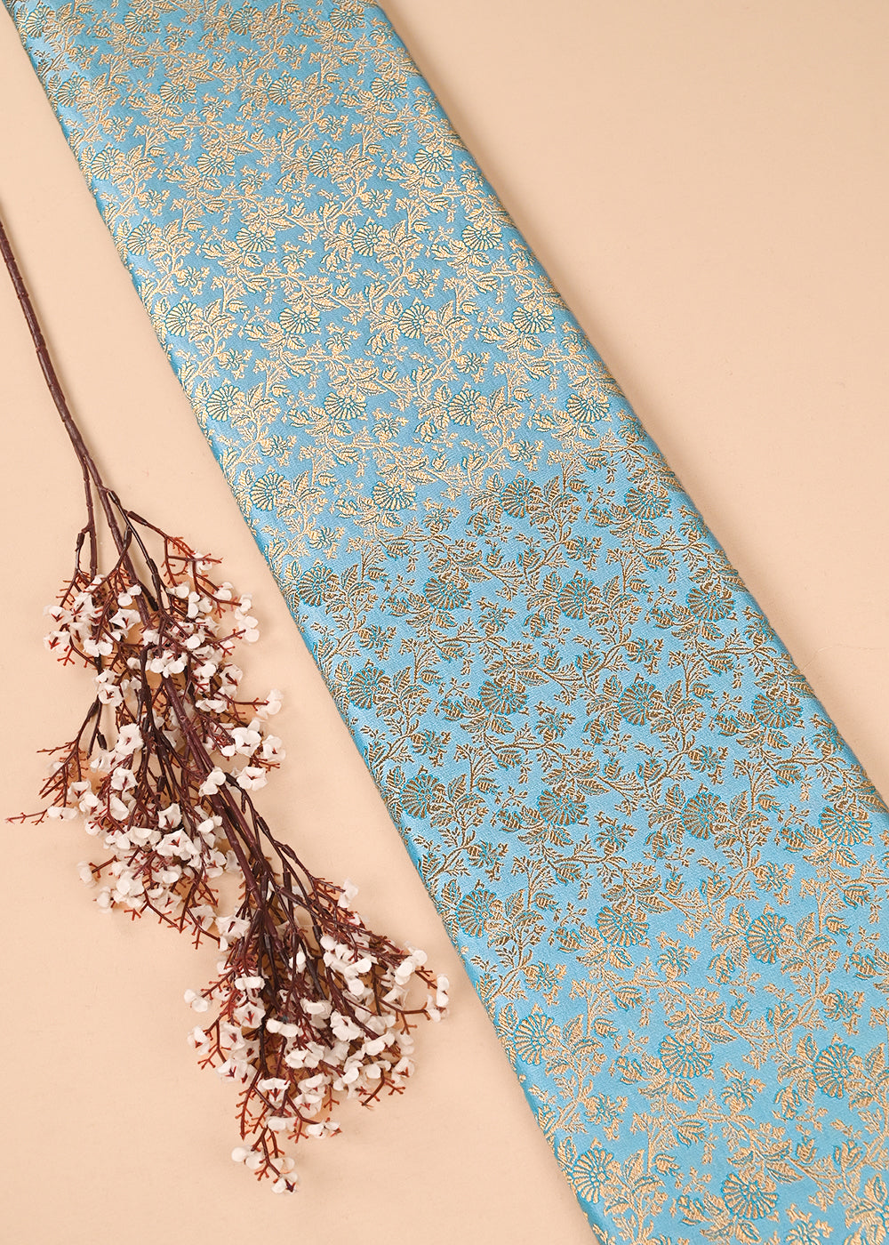 Sky Blue Banarasi Brocade Fabric With All Over Thered And  Golden Zari Handloom 23485