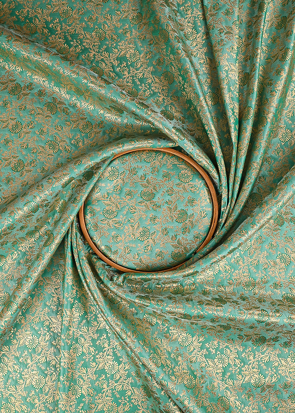 Mint Green Banarasi Brocade Fabric With All Over Thered And  Golden Zari Handloom 23486