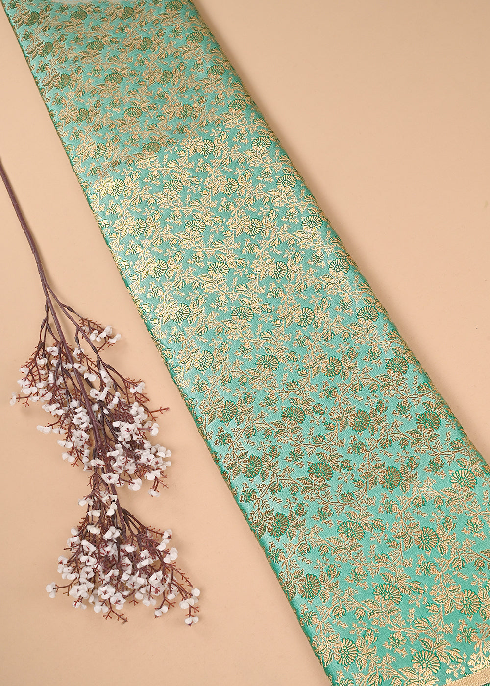 Mint Green Banarasi Brocade Fabric With All Over Thered And  Golden Zari Handloom 23486