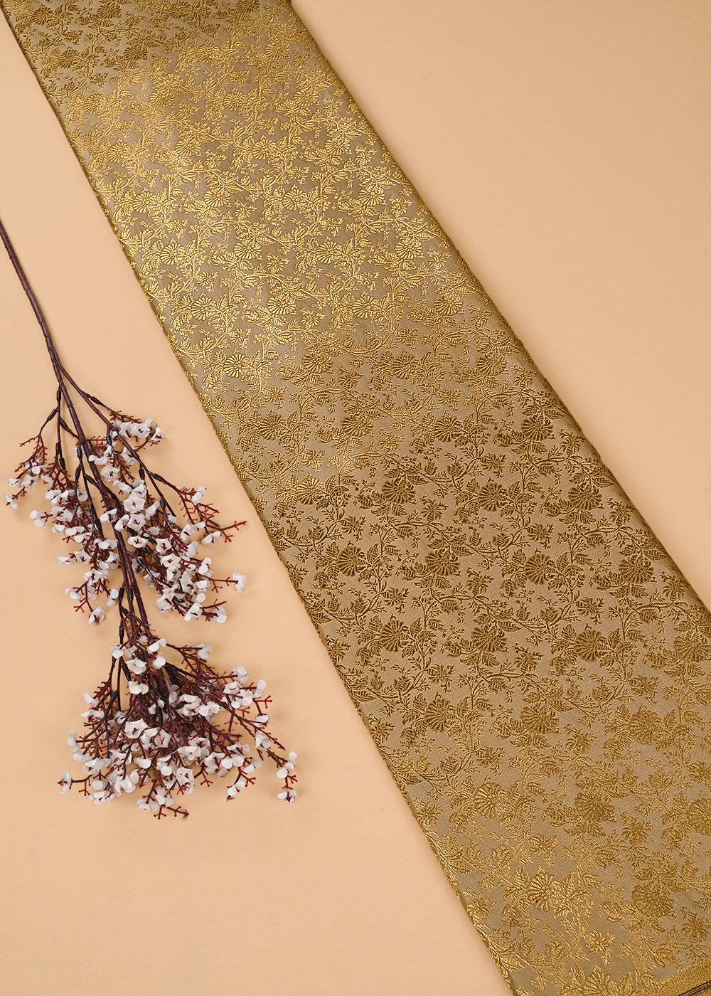 Light Gold Banarasi Brocade Fabric With All Over Thered And  Golden Zari Handloom 23488