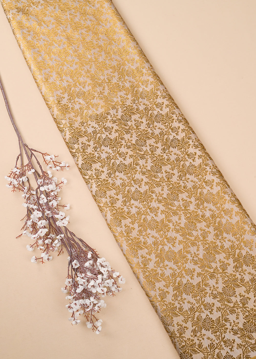 Ivory Banarasi Brocade Fabric With All Over Thered And  Golden Zari Handloom 23490
