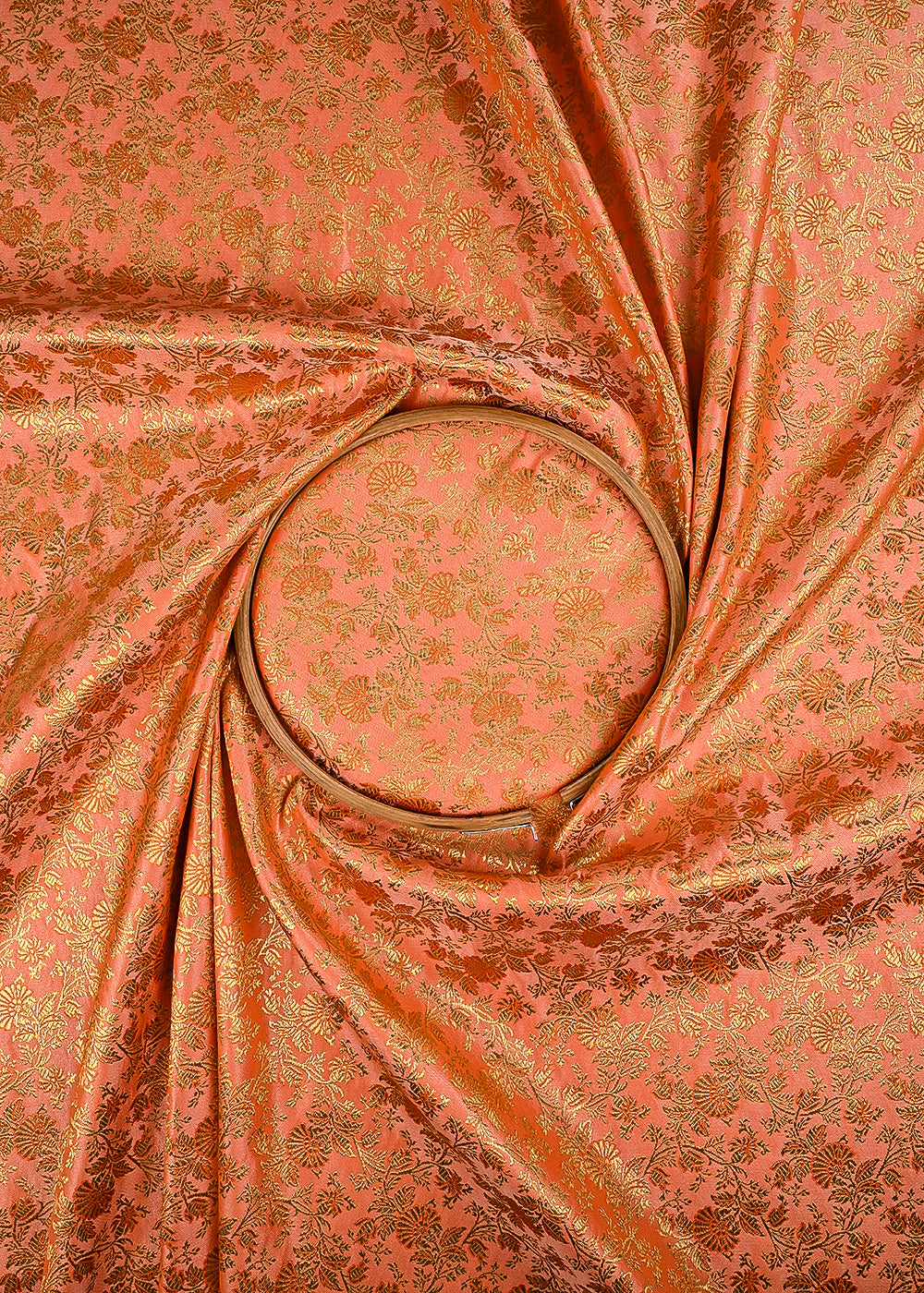 Peach Banarasi Brocade Fabric With All Over Thered And  Golden Zari Handloom 23492