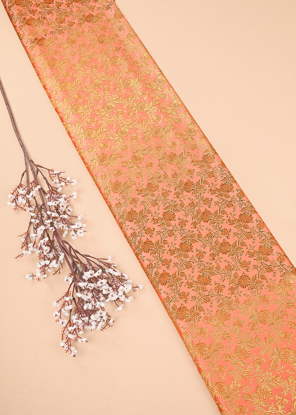 Peach Banarasi Brocade Fabric With All Over Thered And  Golden Zari Handloom 23492