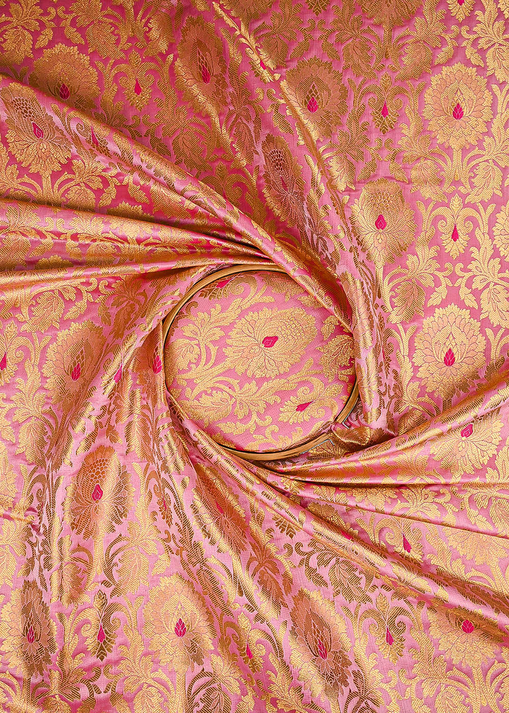 Light Pink Banarasi Brocade Fabric With All Over Thered And Golden Zari Handloom 23495