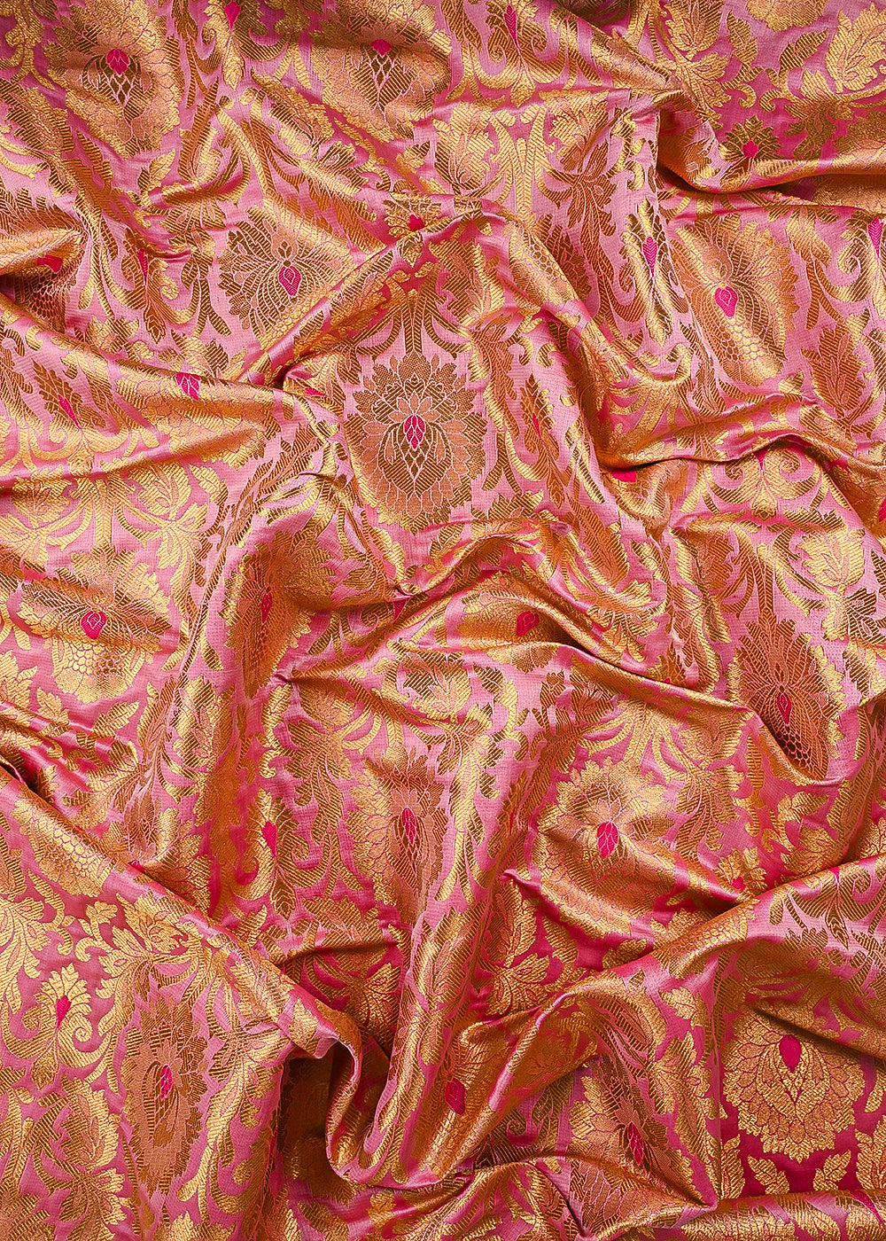 Light Pink Banarasi Brocade Fabric With All Over Thered And Golden Zari Handloom 23495