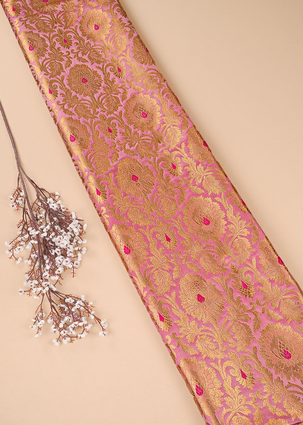 Light Pink Banarasi Brocade Fabric With All Over Thered And Golden Zari Handloom 23495