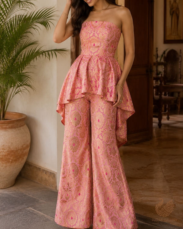 Light Pink Banarasi Brocade Fabric With All Over Thread And Golden Zari Handloom 23495