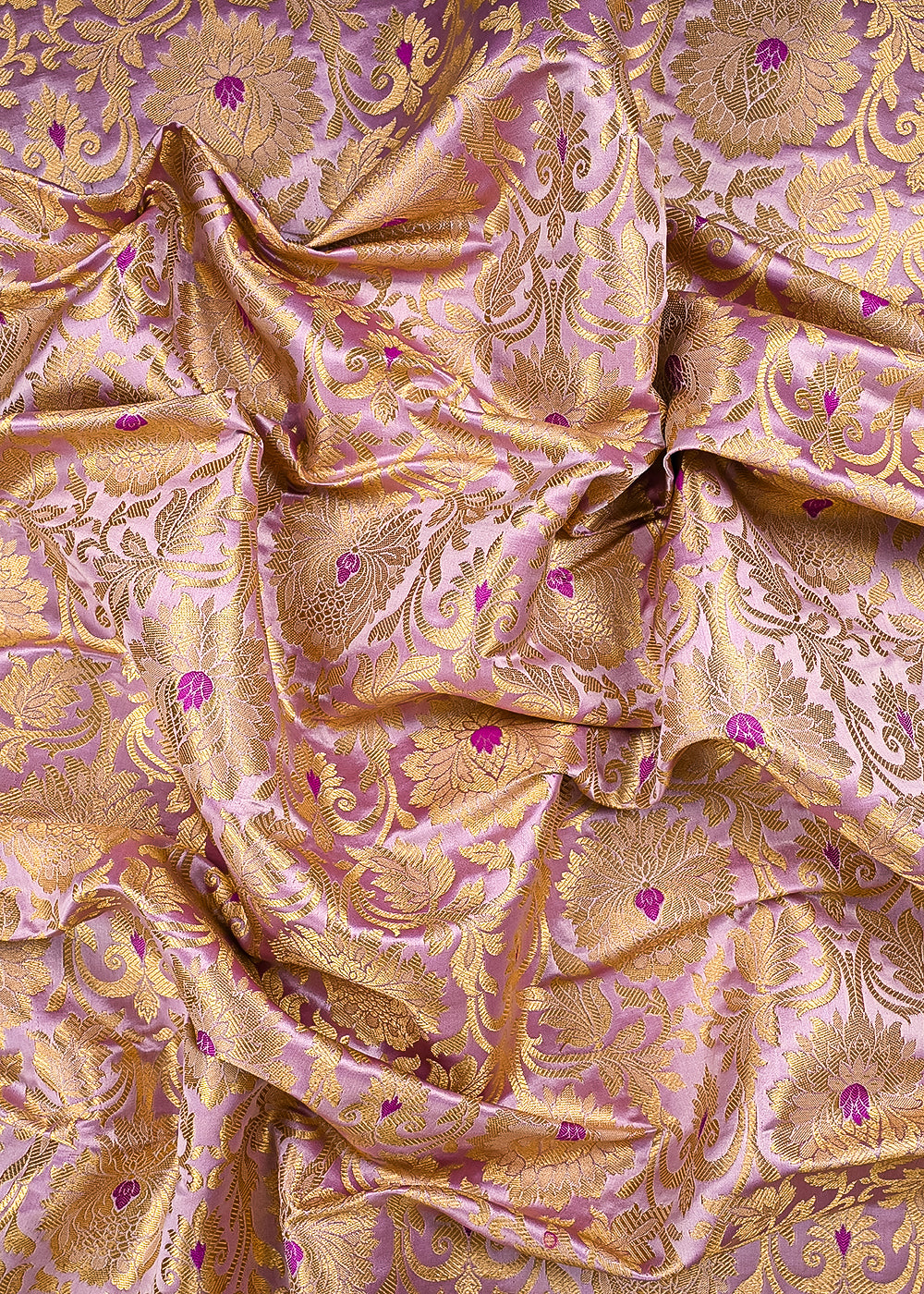 Lavender Banarasi Brocade Fabric With All Over Thered And Golden Zari Handloom 23496