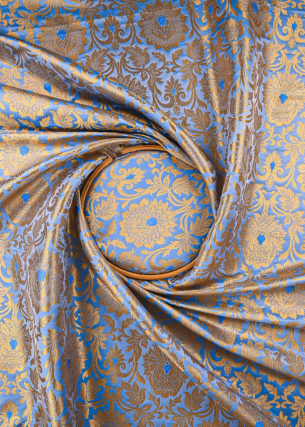 Blue Banarasi Brocade Fabric With All Over Thered And Golden Zari Handloom 23497