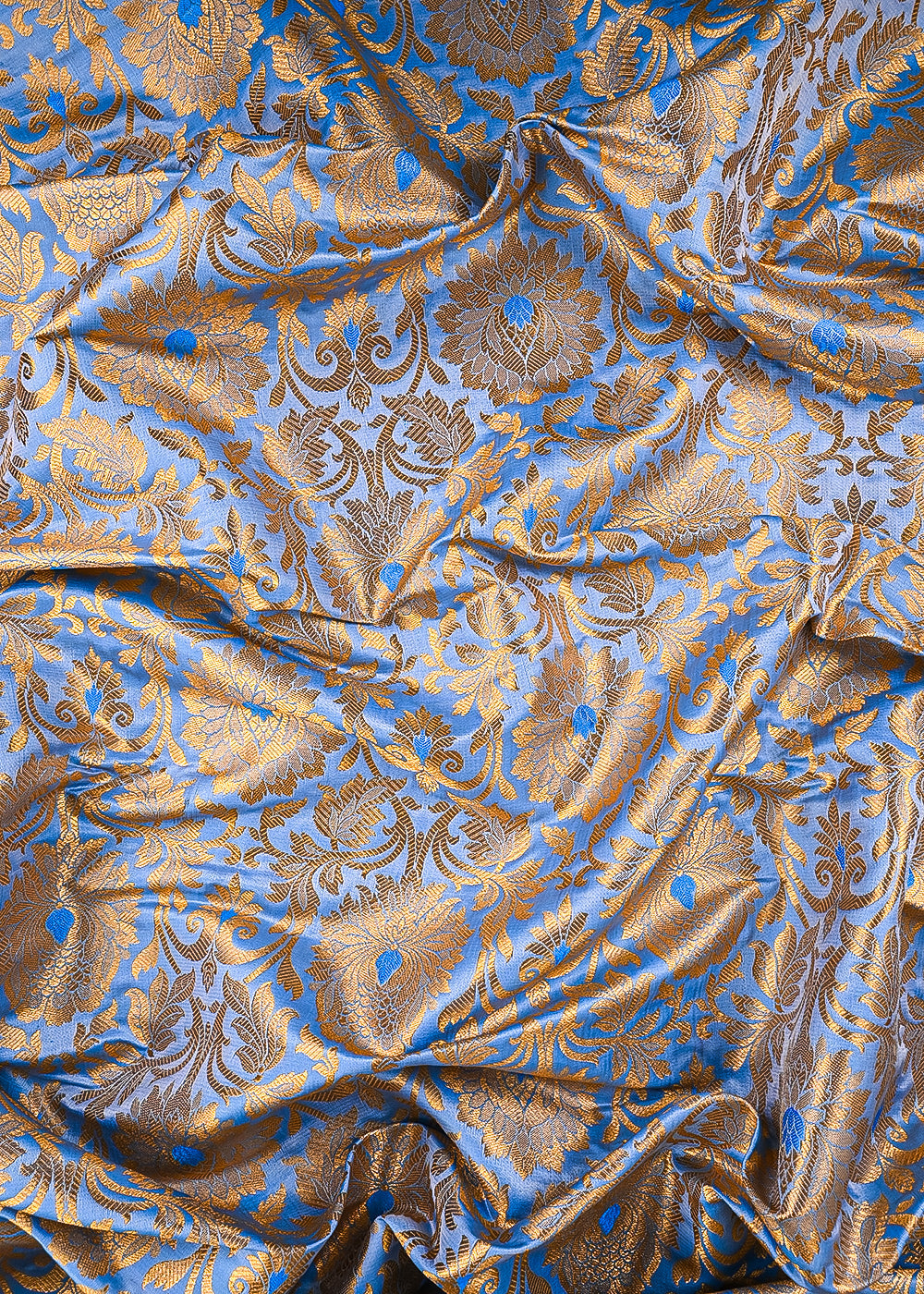 Blue Banarasi Brocade Fabric With All Over Thered And Golden Zari Handloom 23497