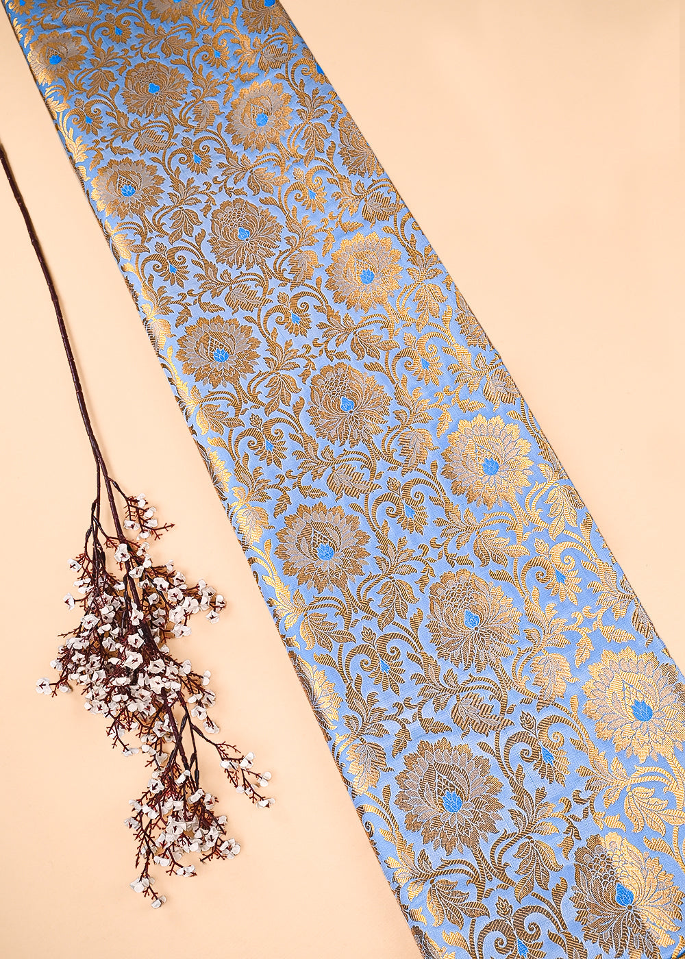 Blue Banarasi Brocade Fabric With All Over Thered And Golden Zari Handloom 23497