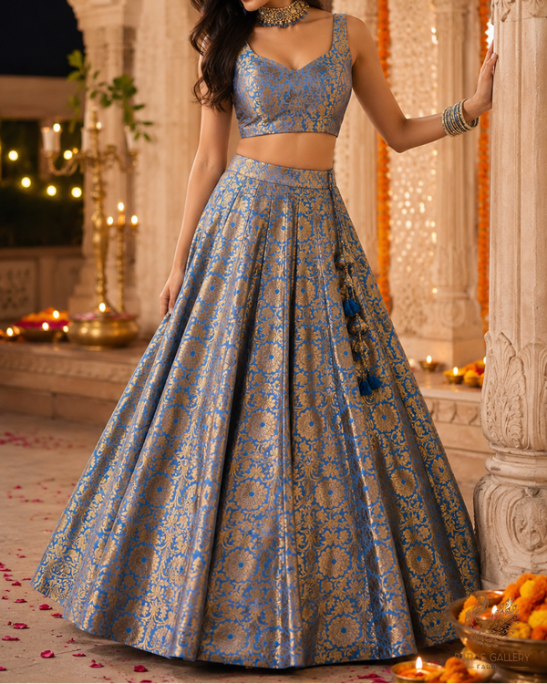 Blue Banarasi Brocade Fabric With All Over Thread And Golden Zari Handloom 23497