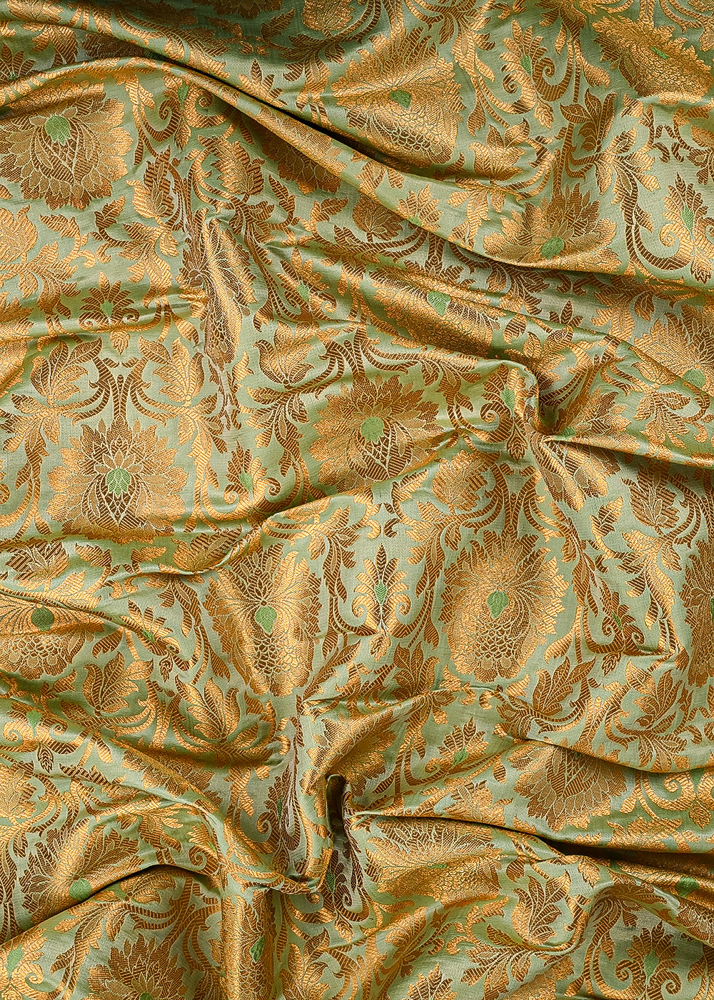Pista Green Banarasi Brocade Fabric With All Over Thered And Golden Zari Handloom 23498