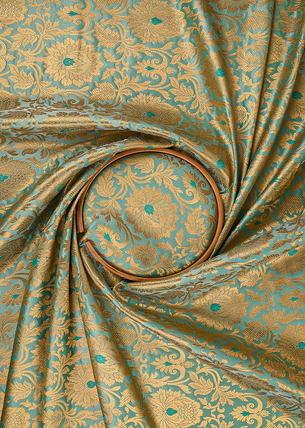 Mint Green Banarasi Brocade Fabric With All Over Thered And Golden Zari Handloom 23499