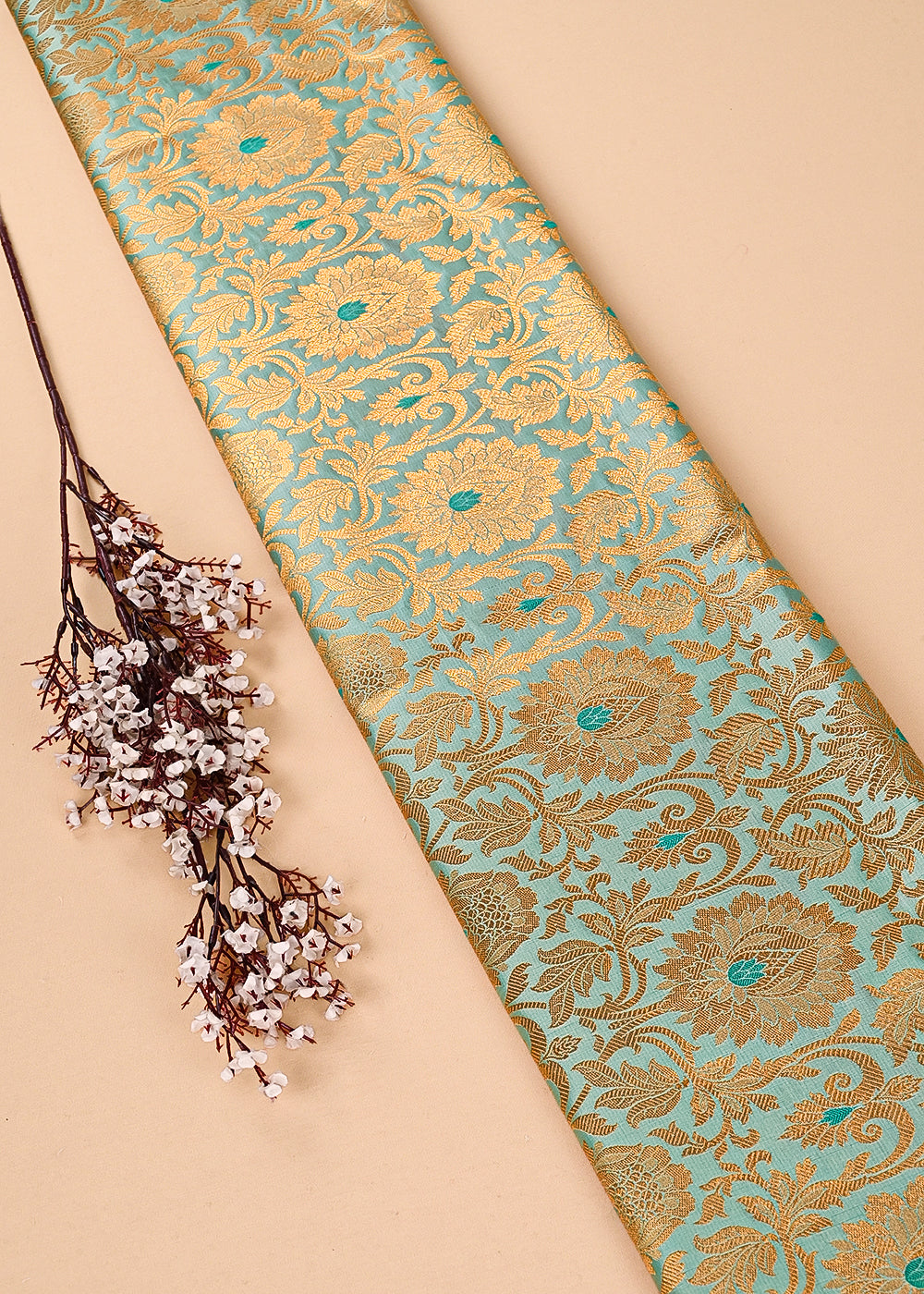 Mint Green Banarasi Brocade Fabric With All Over Thered And Golden Zari Handloom 23499