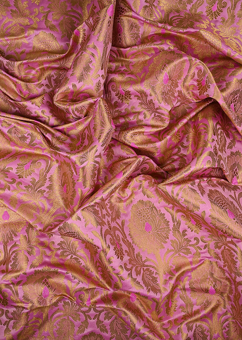 Pink Banarasi Brocade Fabric With All Over Thered And Golden Zari Handloom 23500