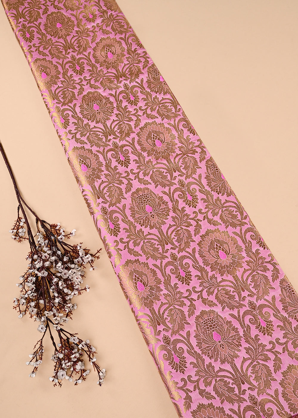 Pink Banarasi Brocade Fabric With All Over Thered And Golden Zari Handloom 23500