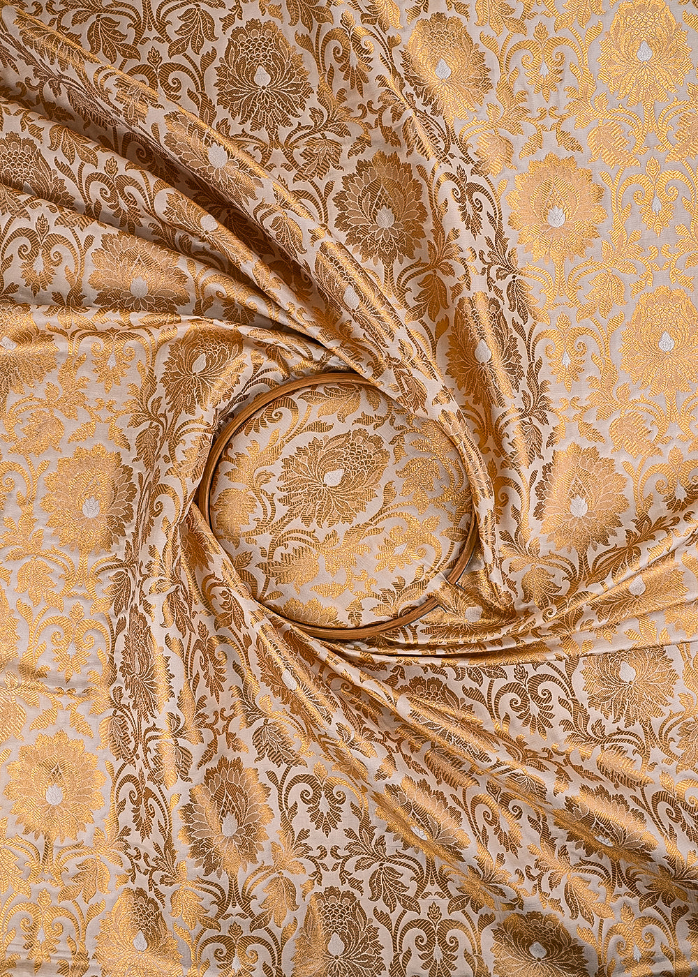 Off White Banarasi Brocade Fabric With All Over Thered And Golden Zari Handloom 23501