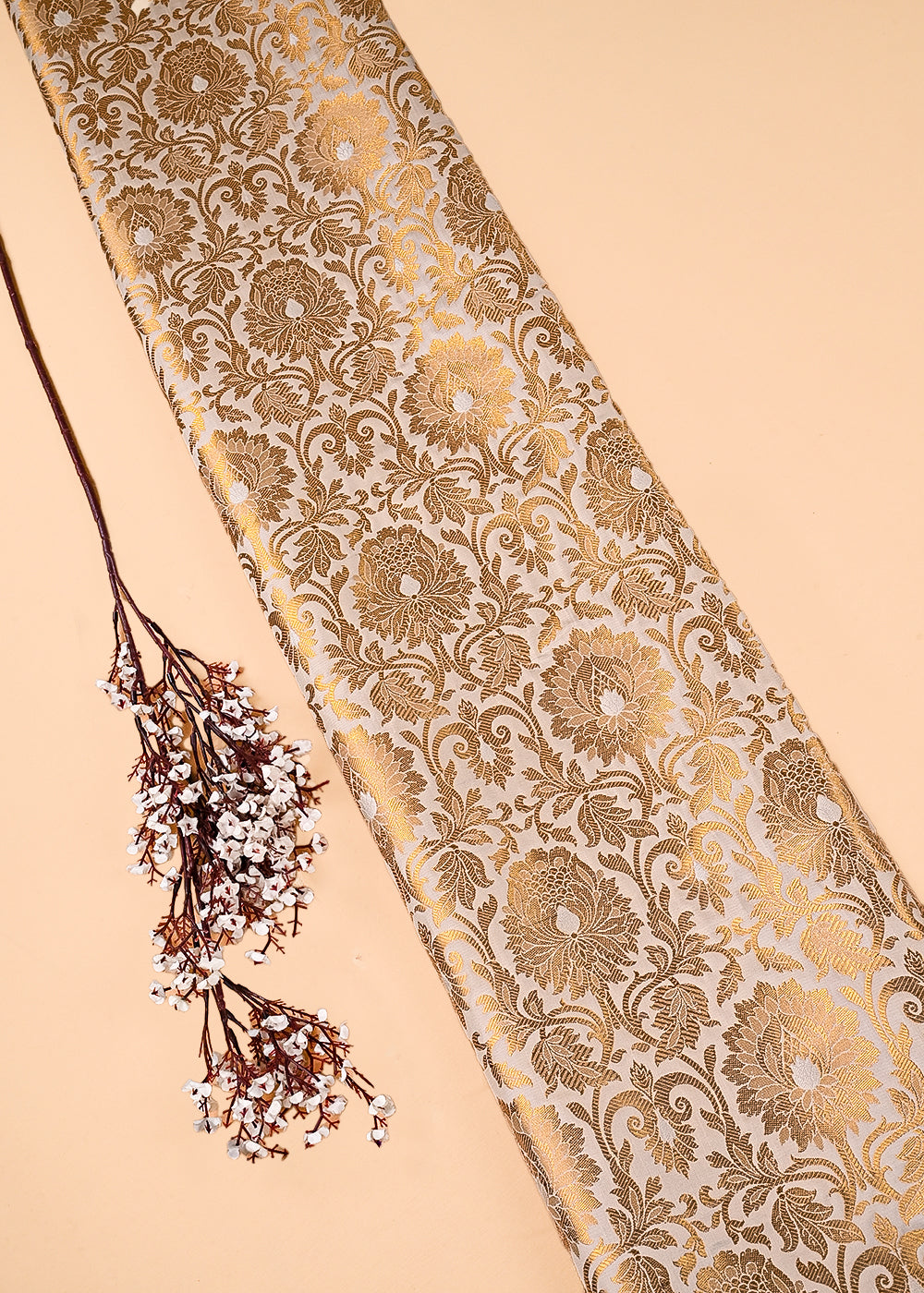 Off White Banarasi Brocade Fabric With All Over Thered And Golden Zari Handloom 23501