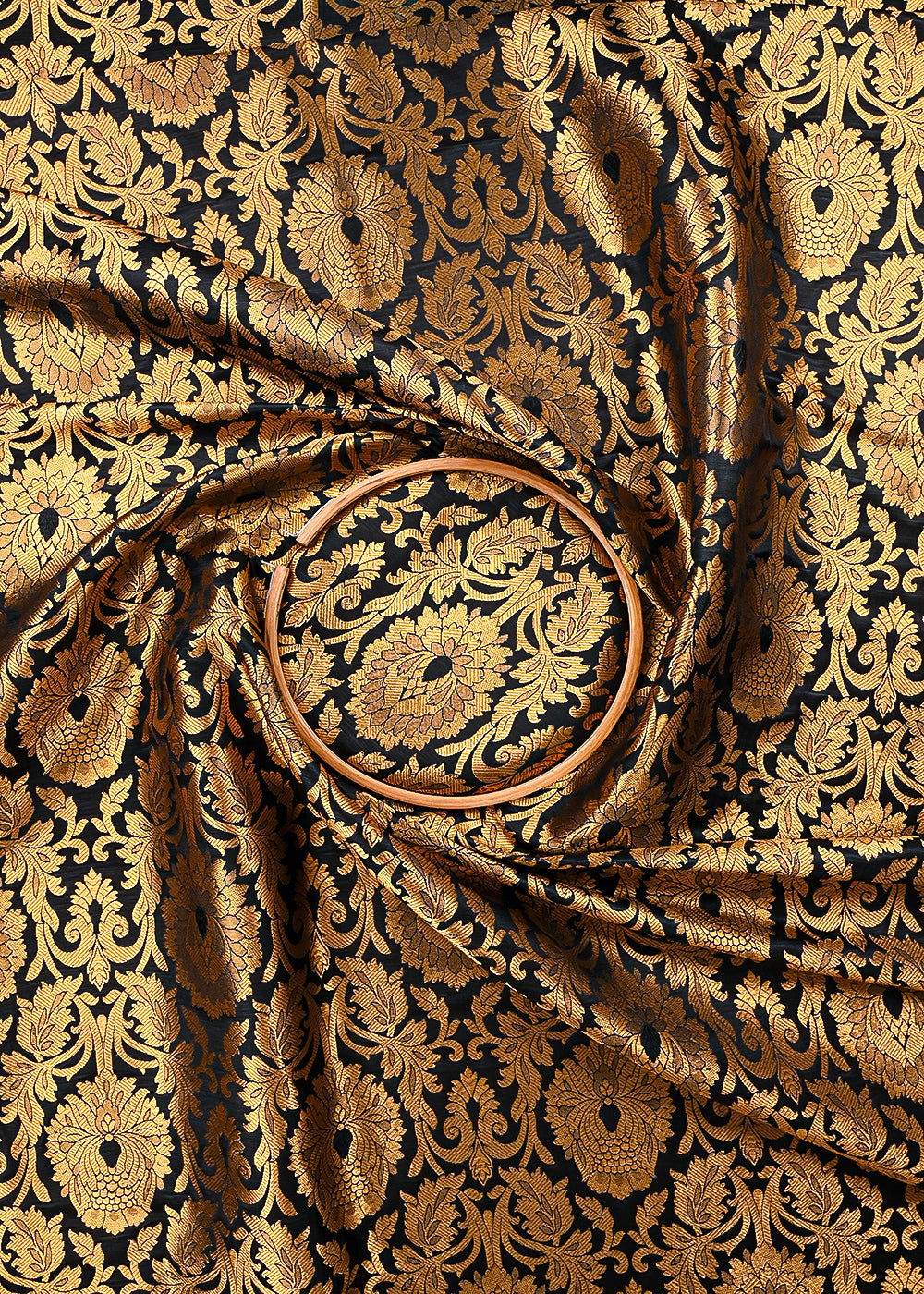 Black Banarasi Brocade Fabric With All Over Thered And Golden Zari Handloom 23502