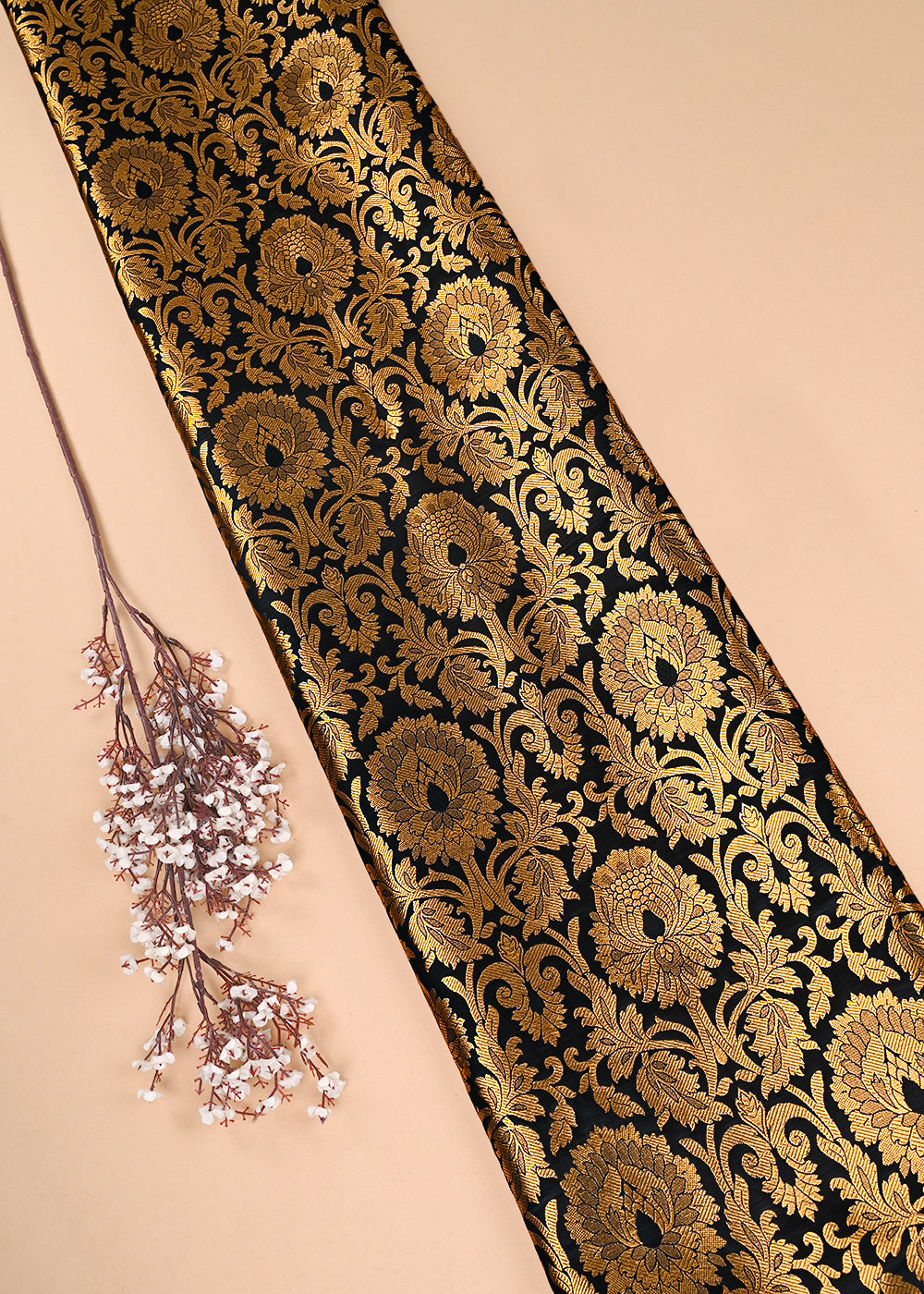 Black Banarasi Brocade Fabric With All Over Thered And Golden Zari Handloom 23502