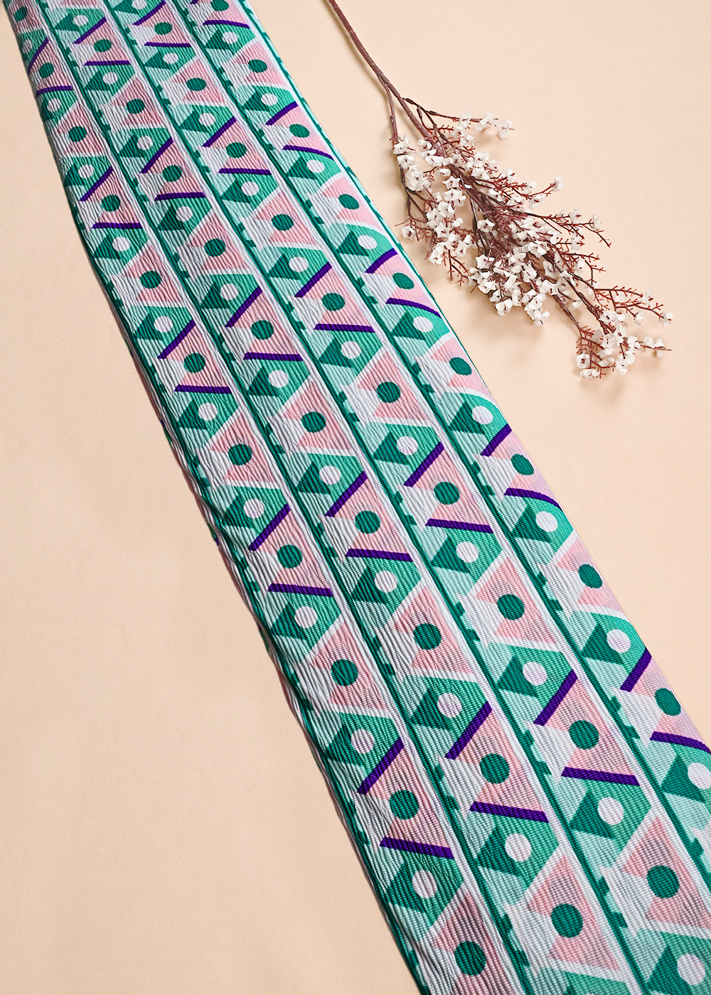 Mint Green Wrinkled Satin Fabric With All Over Geometric Print 23516