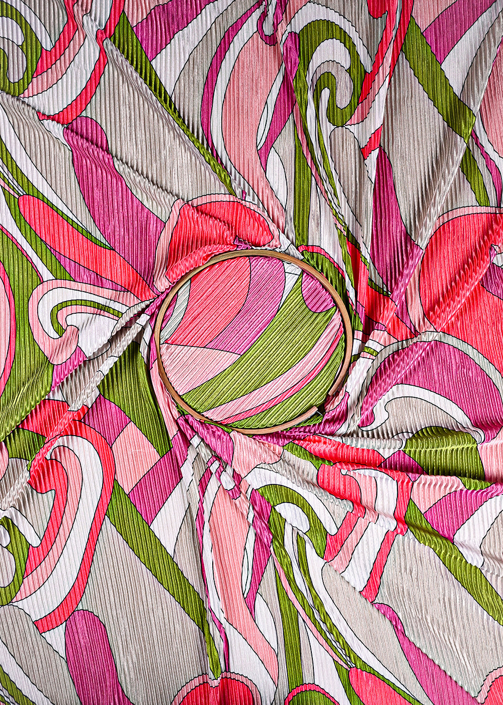 Multi Colour Pleated Satin Fabric With All Over Abstract Print 23519