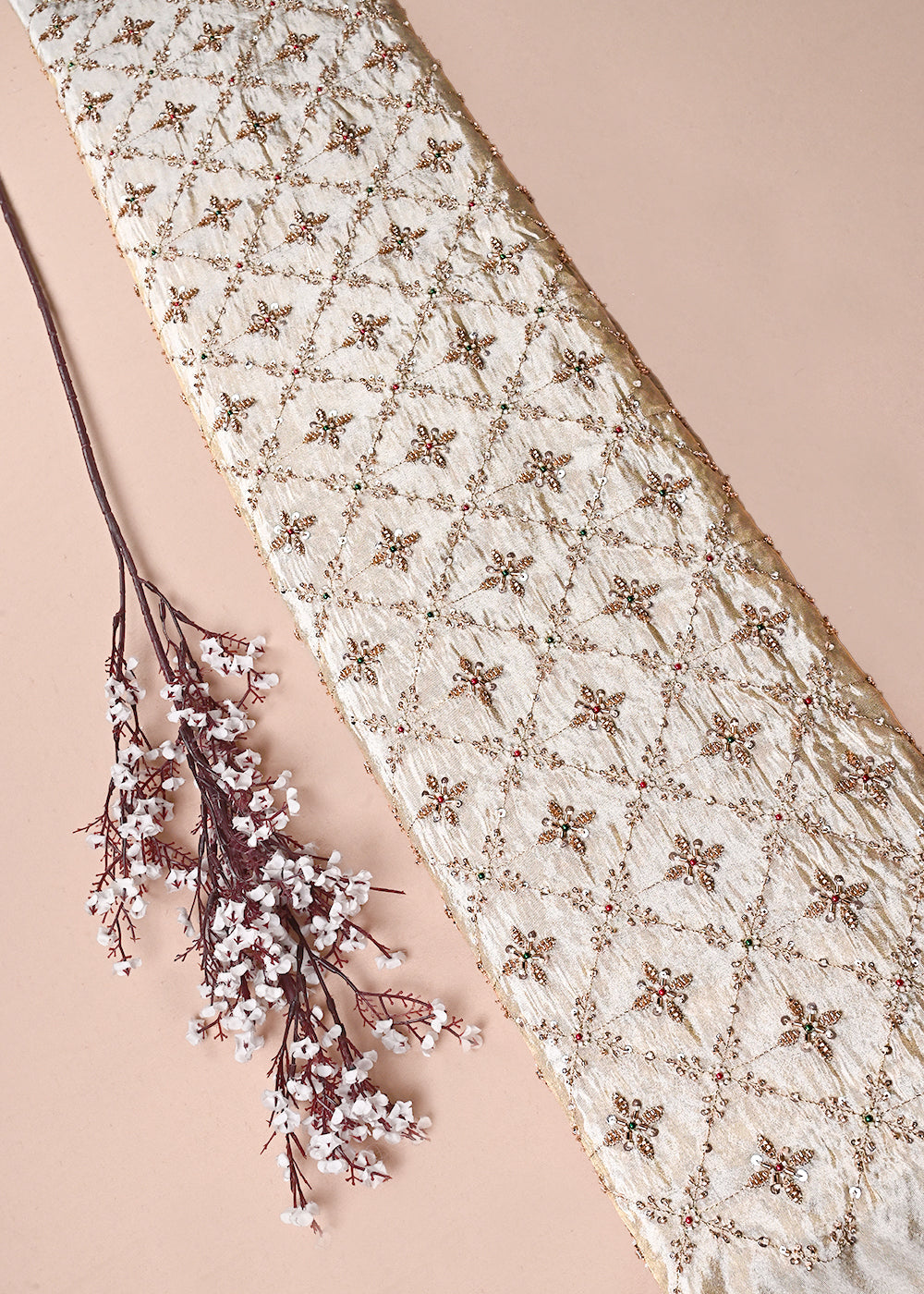 Golden Dyeable Tissue Fabric With All Over Sequins, Katdana And Bead Work 23525