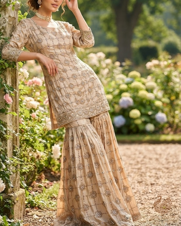 Golden Dyeable Tissue Fabric With All Over Sequins, Katdana And Bead Work 23526