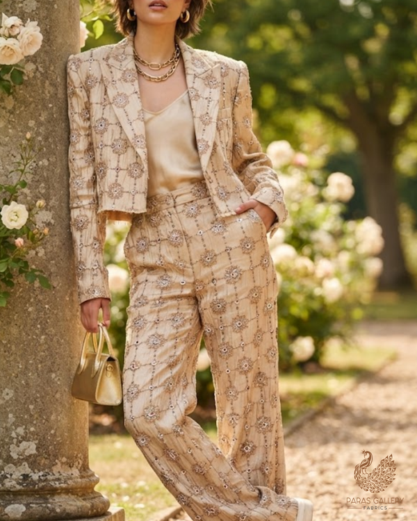 Golden Dyeable Tissue Fabric With All Over Sequins, Katdana And Bead Work 23526