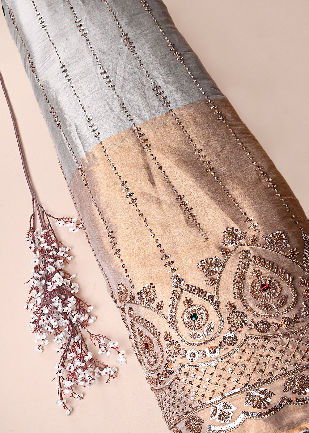 Golden And Silver Dyeable Tissue Fabric With All Over Sequins, Katdana, Bead, Zari And Stone Work With One Side Heavy Border 23527