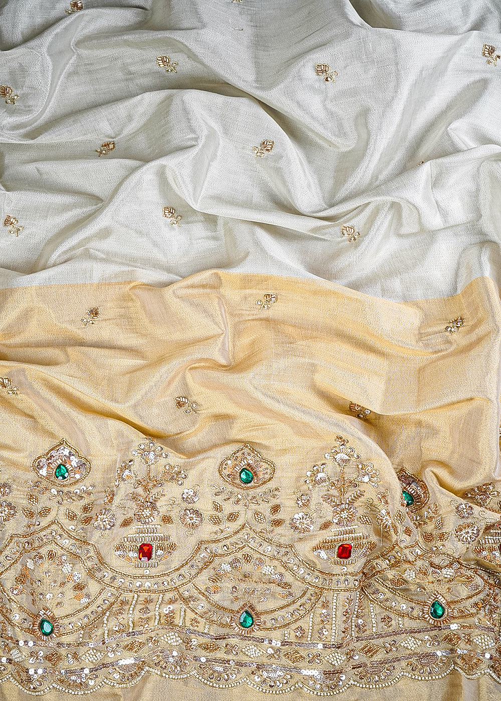 Golden And Silver Tissue Fabric With All Over Sequins, Katdana And Ston Work With One Side Heavy Border 23528