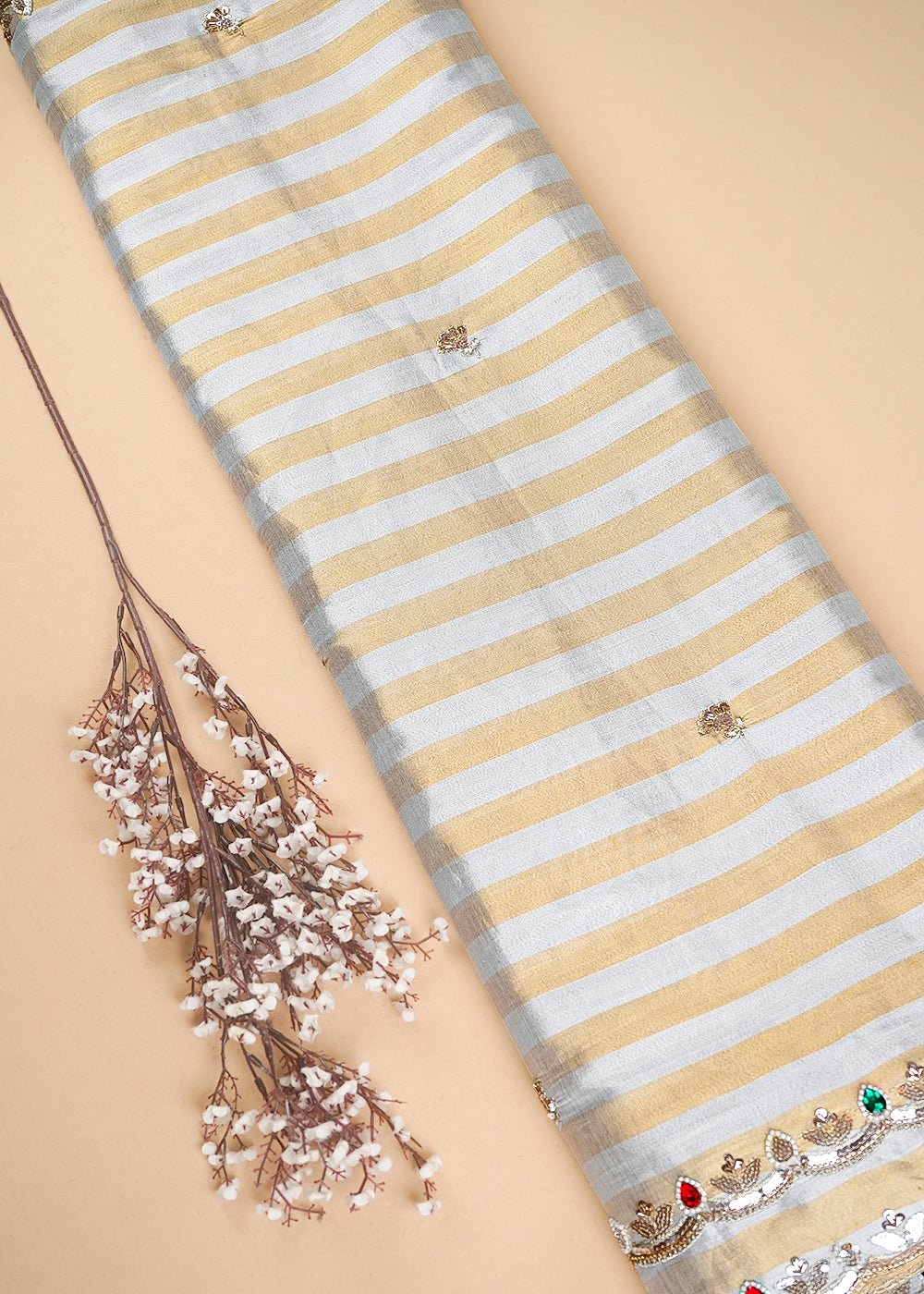 Golden Dyeable Tissue Dupatta Fabric With All Over Sequins Katdana And Ston Work With Both Side Border 23529