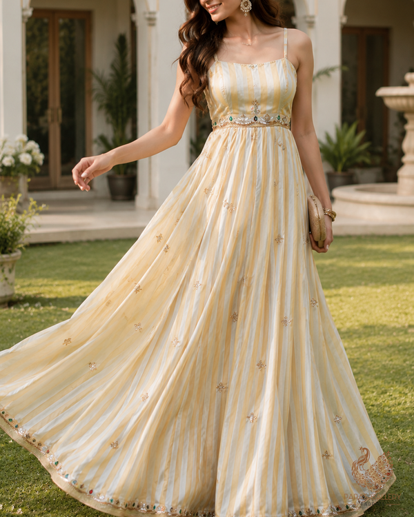 Golden And Silver Dyeable Tissue Dupatta Fabric With All Over Sequins Katdana And Stone Work With Scalloped Border 23529