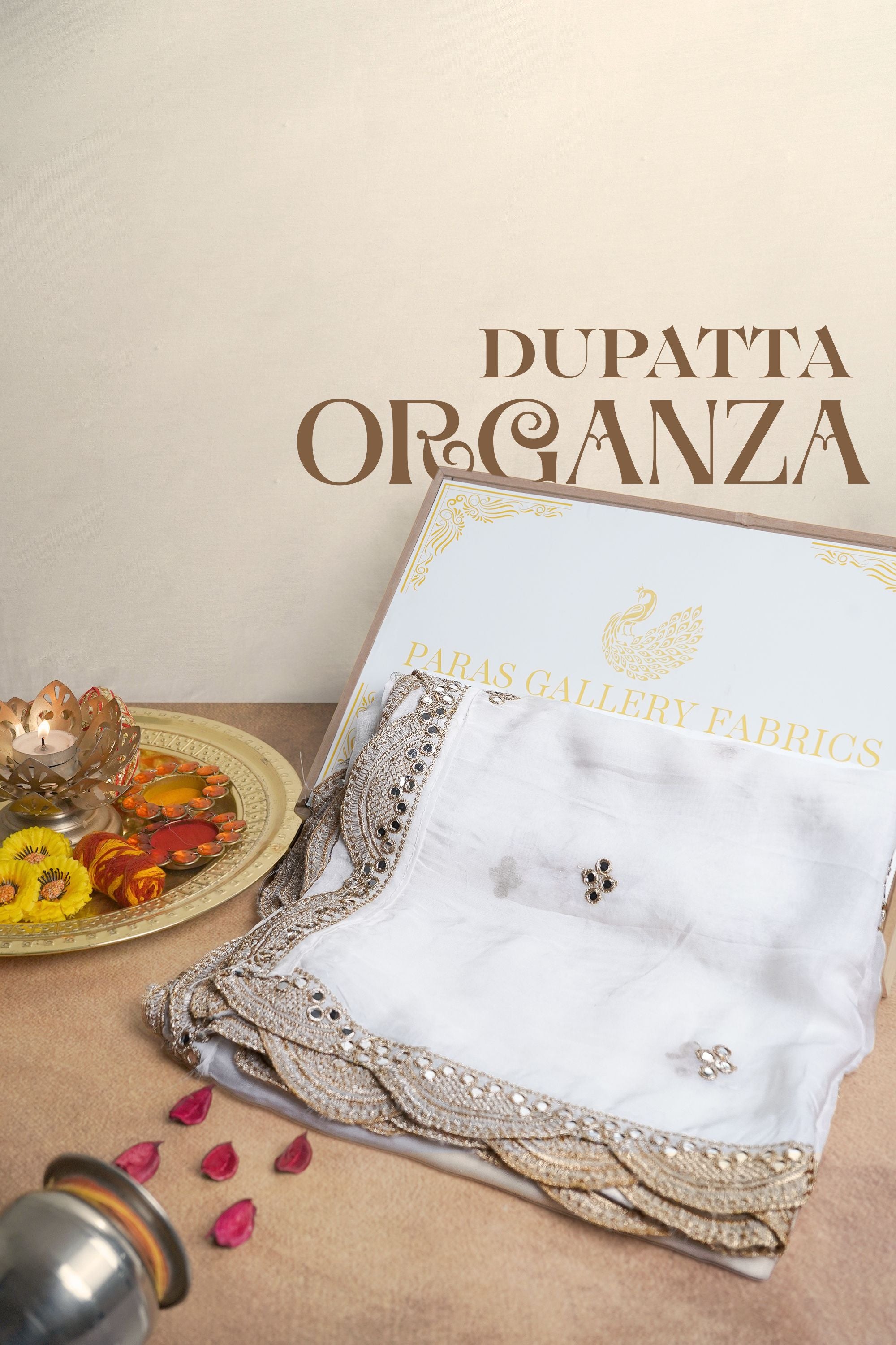 White Dyeable Organza Dupatta With All Over Zari And Faux Mirror Work 23531