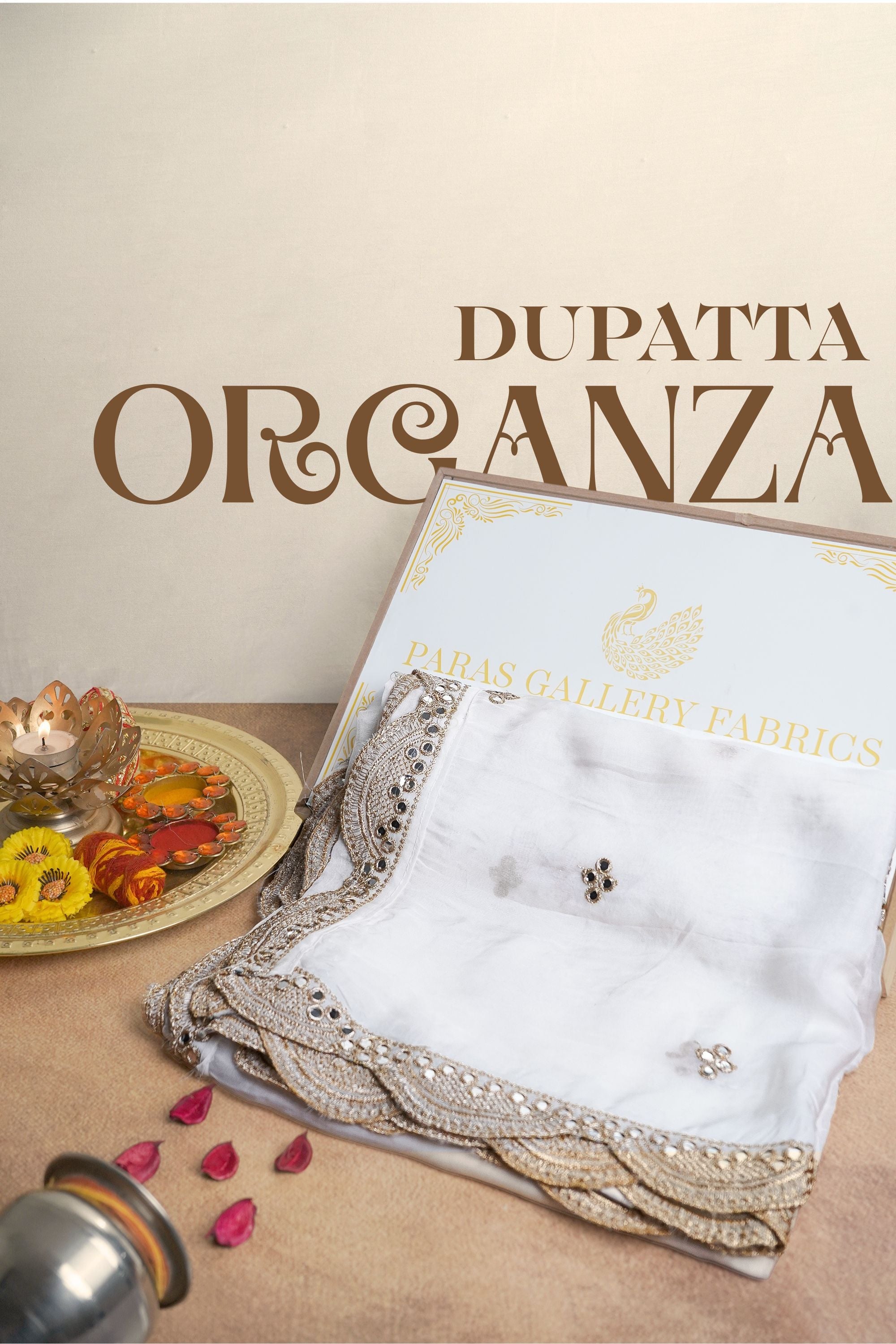 White Dyeable Organza Dupatta With All Over Zari And Faux Mirror Work 23531