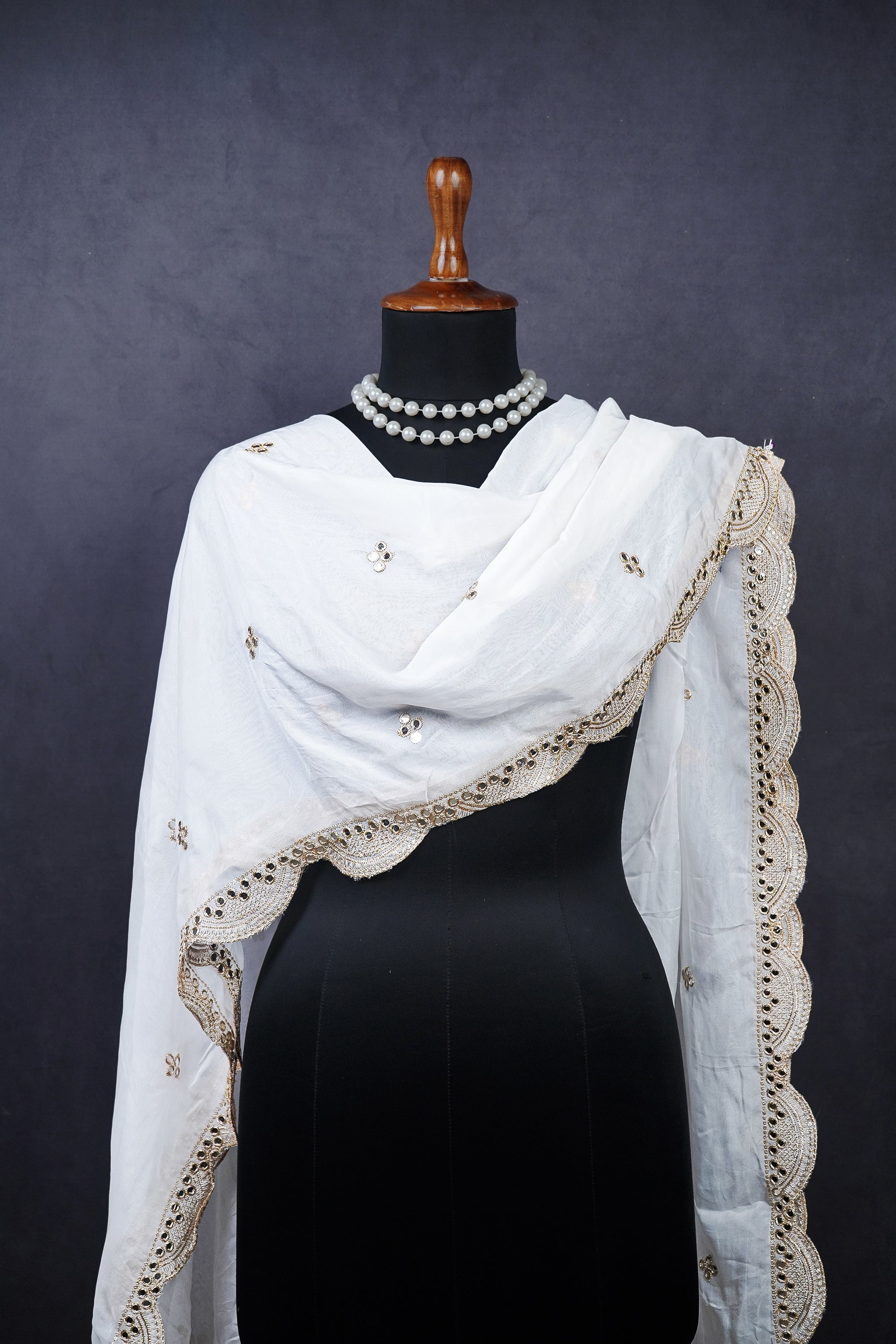 White Dyeable Organza Dupatta With All Over Zari And Faux Mirror Work 23531