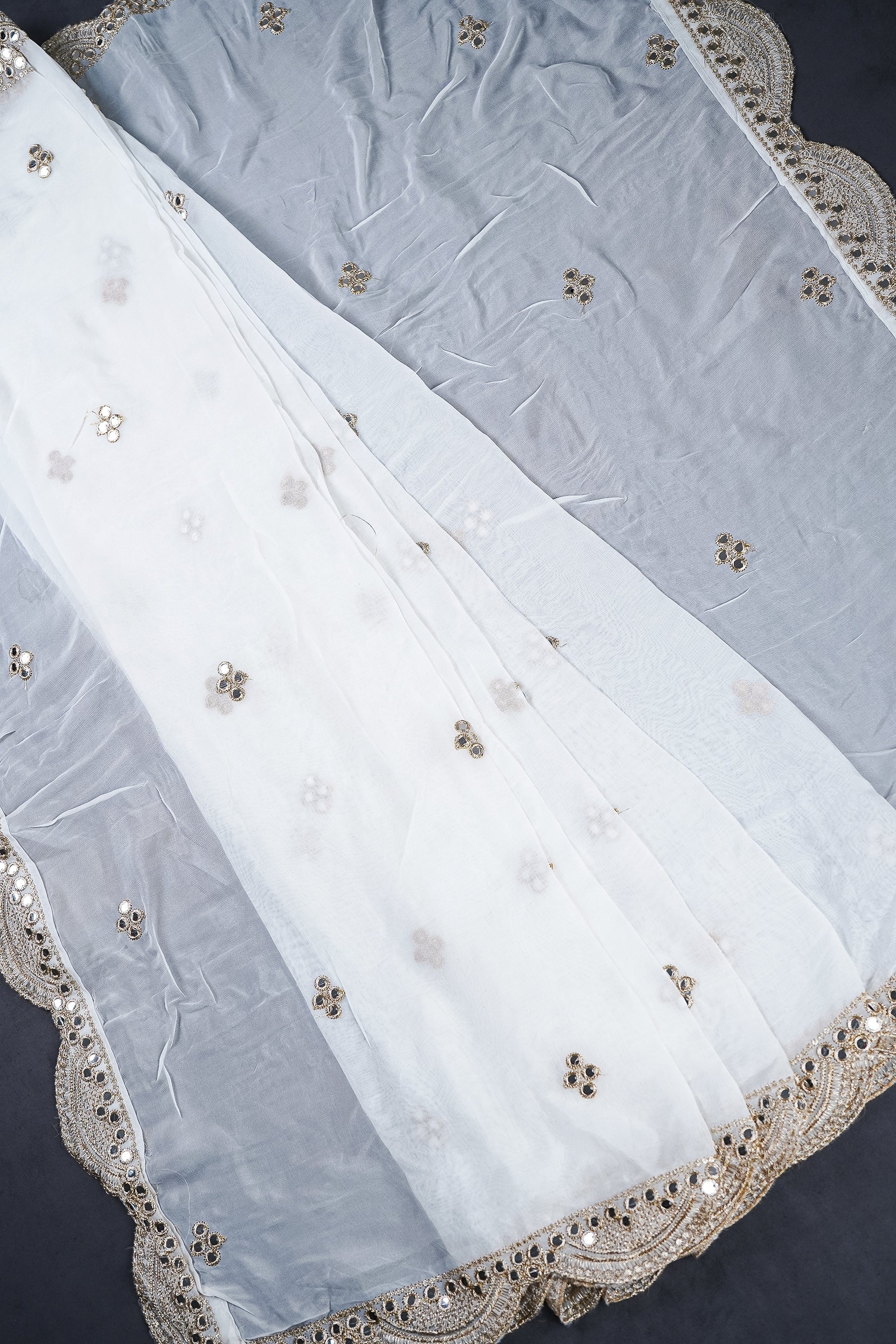 White Dyeable Organza Dupatta With All Over Zari And Faux Mirror Work 23531