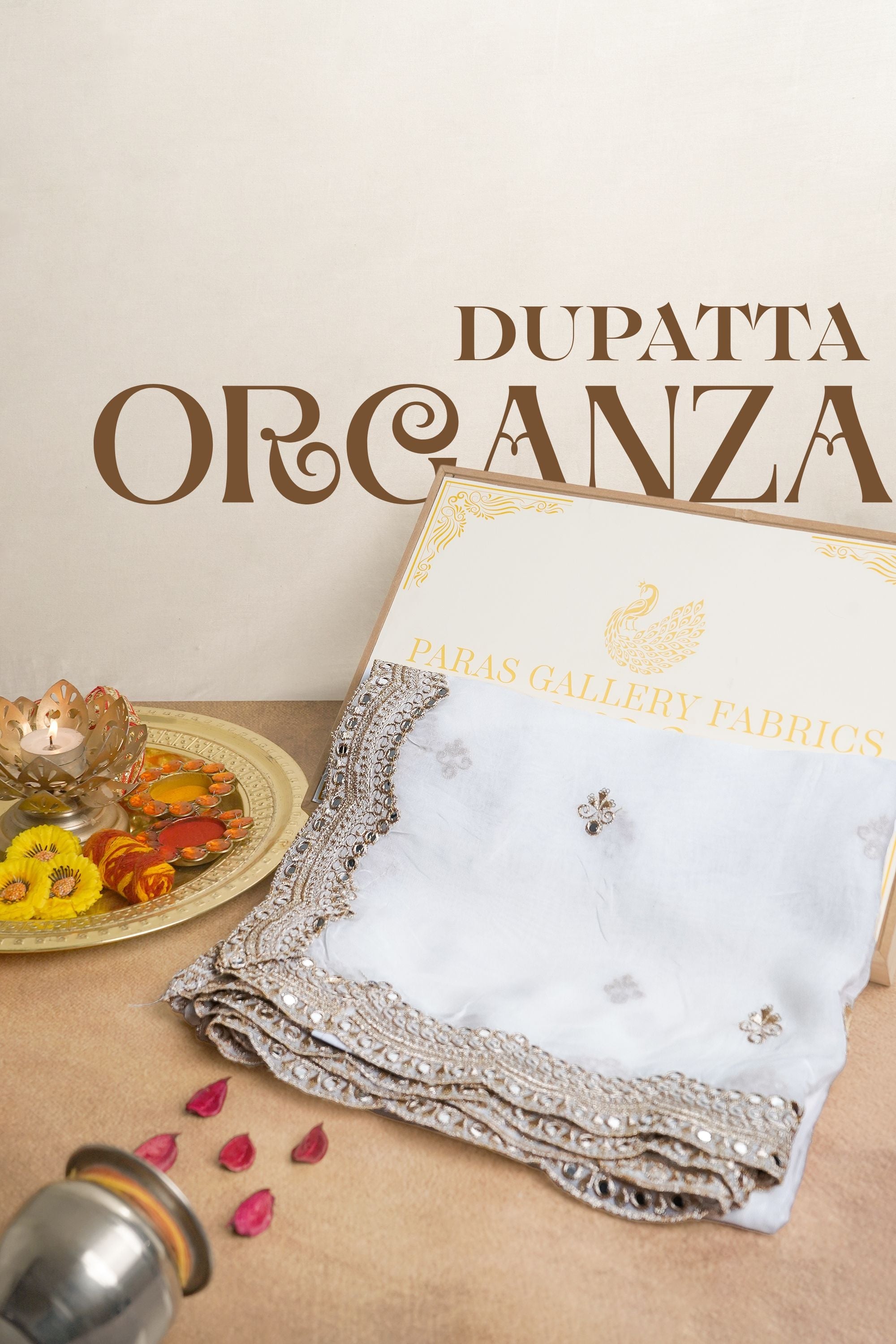 White Dyeable Organza Dupatta With All Over Sequins, Zari And Faux Mirror Work 23532