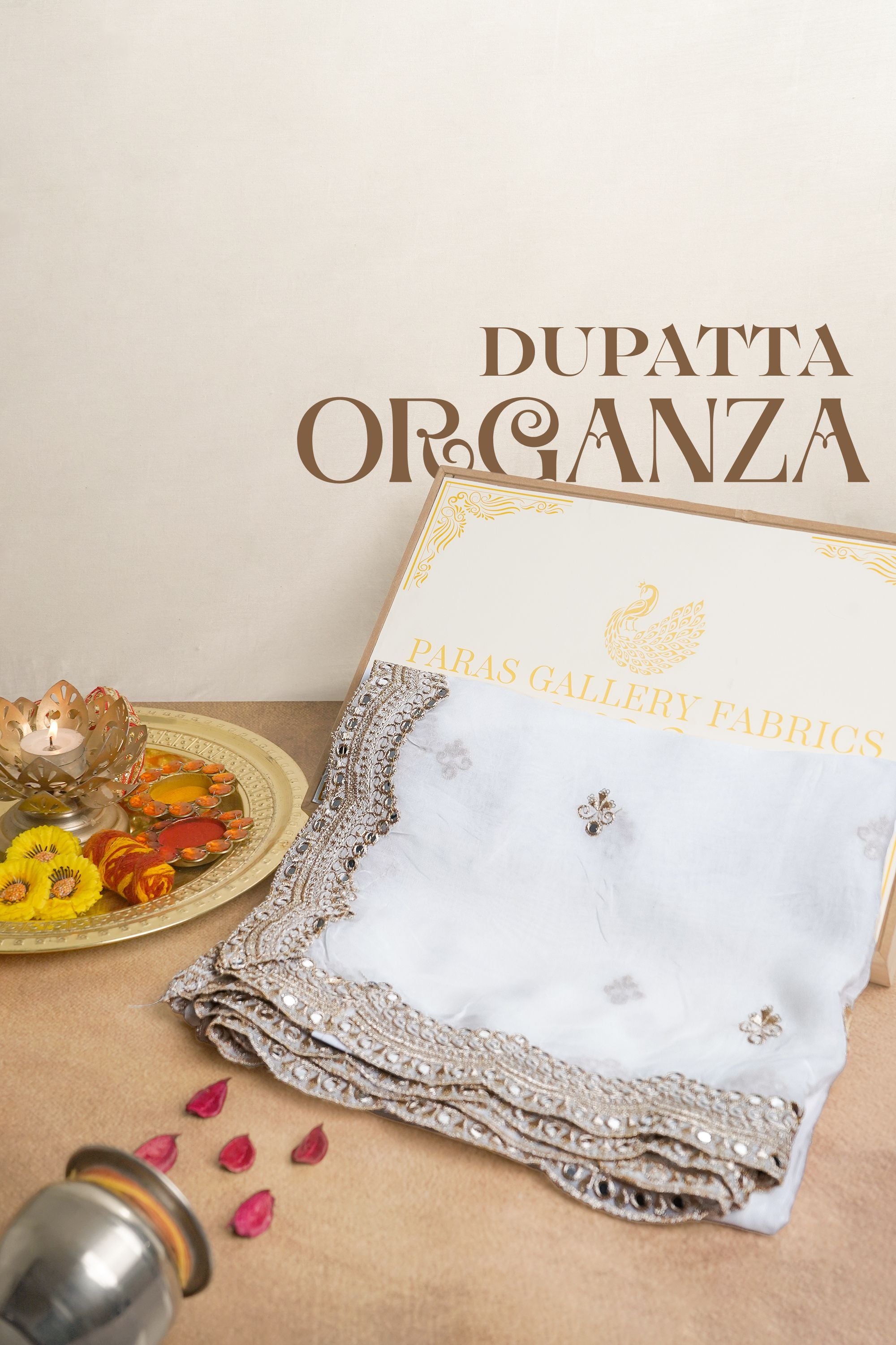 White Dyeable Organza Dupatta With All Over Sequins, Zari And Faux Mirror Work 23532