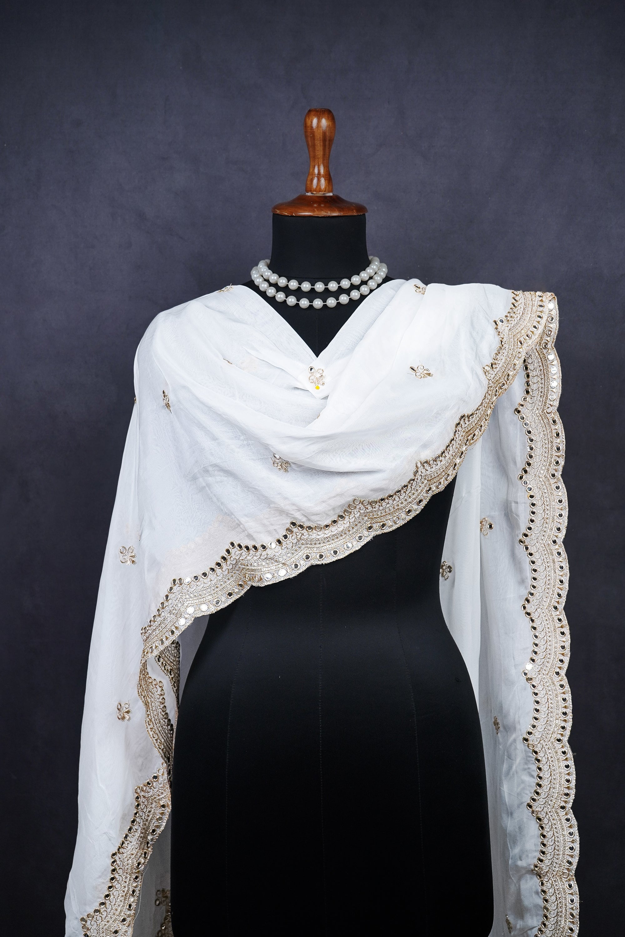 White Dyeable Organza Dupatta With All Over Sequins, Zari And Faux Mirror Work 23532