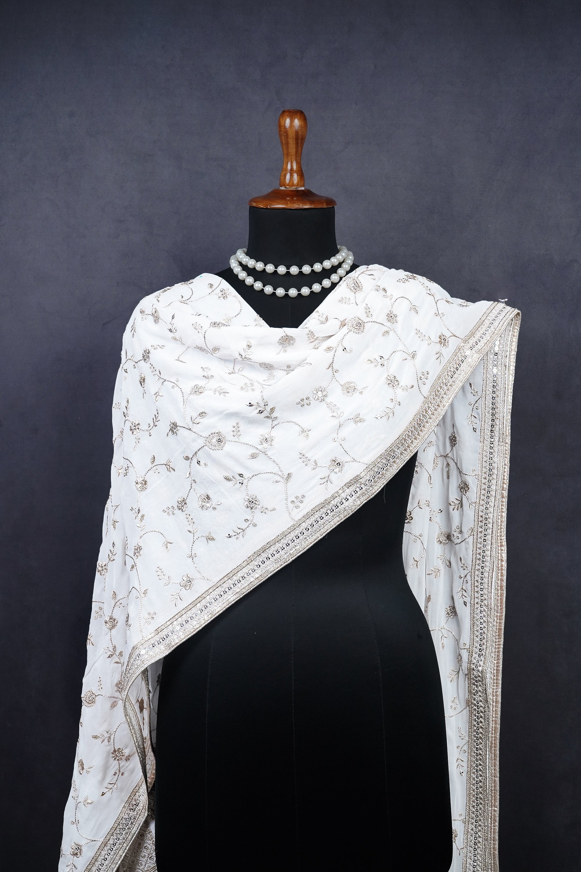 White Dyeable Georgette Dupatta With All Over Sequins And Zari Work 23534