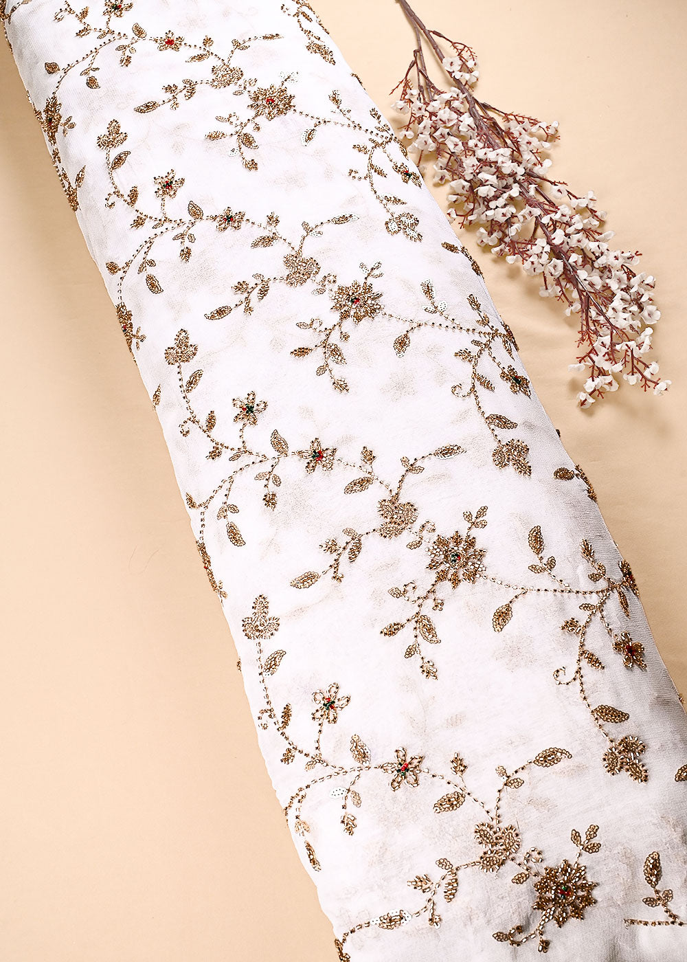 White Dyeable Georgette Fabric With All Over Sequins, Katdana And Bead Work 23572