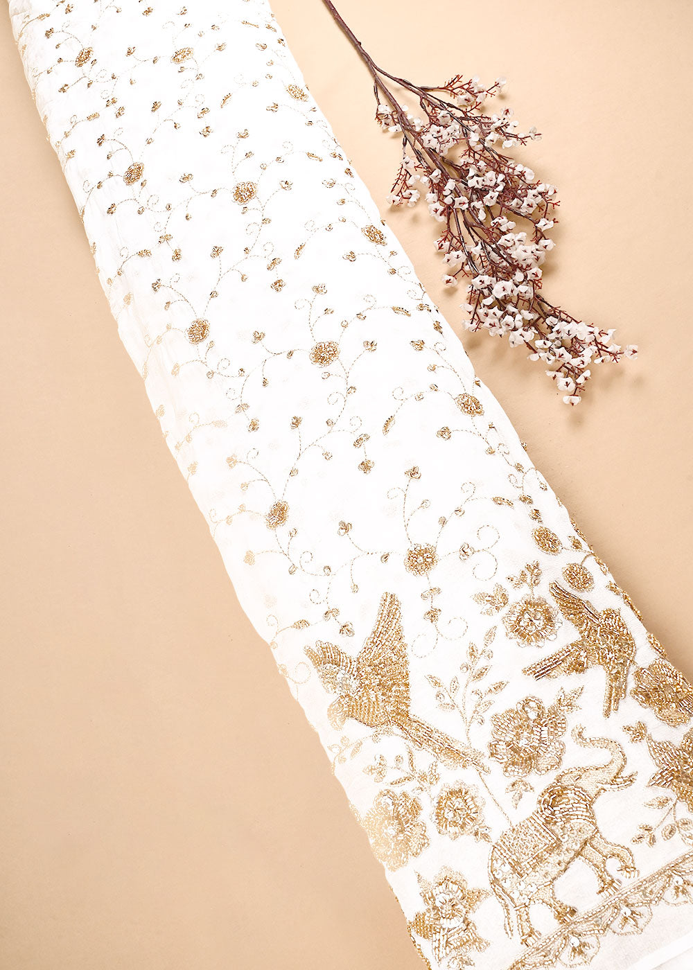 White Dyeable Georgette Fabric With All Over Sequins, Katdana, Bead And Zari  Work With One Side Heavy Border 23573