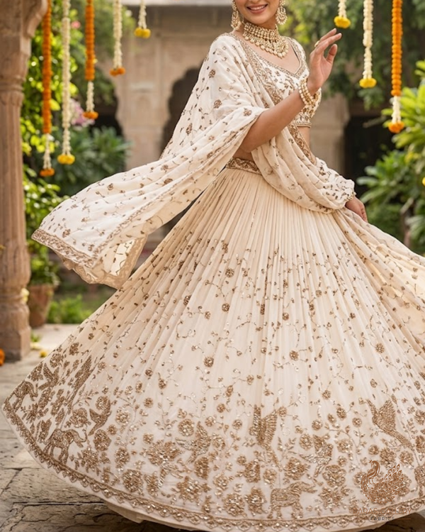 White Dyeable Georgette Fabric With All Over Sequins, Katdana, Bead And Zari  Work With One Side Heavy Border 23573