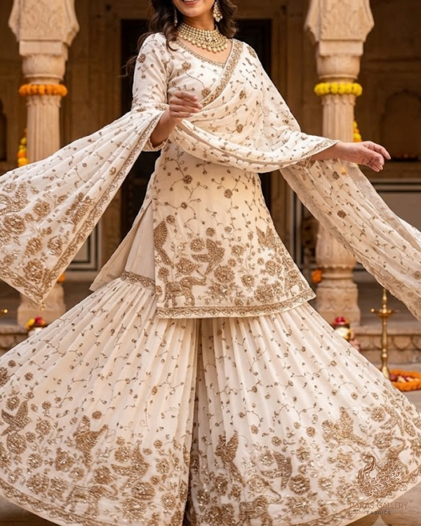White Dyeable Georgette Fabric With All Over Sequins, Katdana, Bead And Zari  Work With One Side Heavy Border 23573