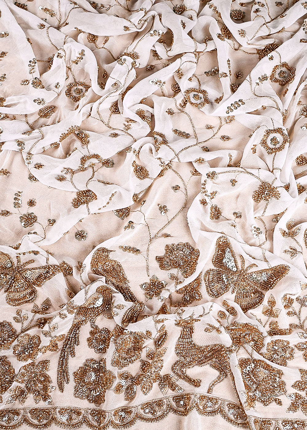 White Dyeable Georgette Fabric With All Over Sequins, Katdana, Bead And Zari  Work With One Side Heavy Border 23574