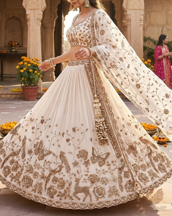 White Dyeable Georgette Fabric With All Over Sequins, Katdana, Bead And Zari  Work With One Side Heavy Border 23574